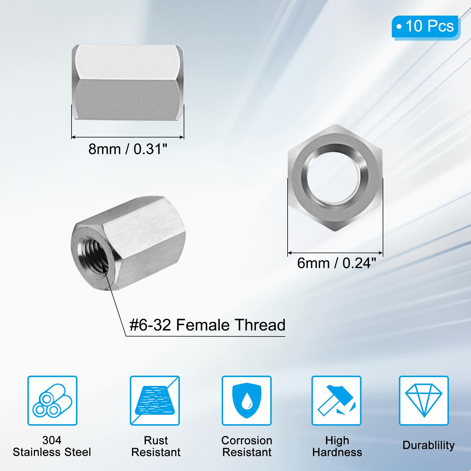 PATIKIL 6#-32 UNC 304 Stainless Steel Hex Coupling Nuts - Image 2