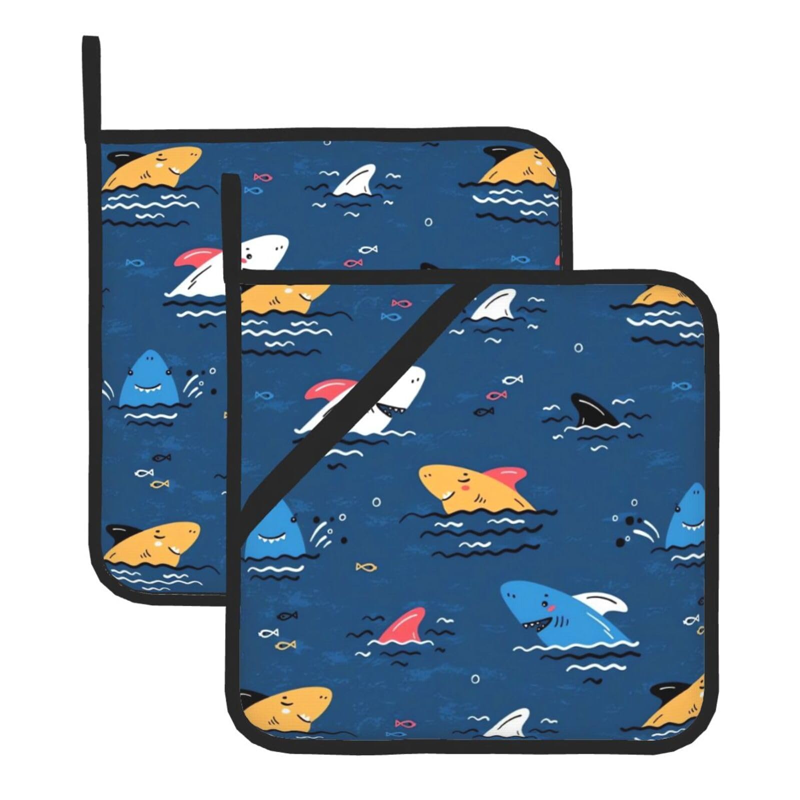WHJDPP shark Prints Square Hot Pads for Kitchen Counter - Waterproof Pot Holders Set of 2, Heat Resistant Trivets with Pocket & Hanging Loop for Serving, Oven & BBQ
