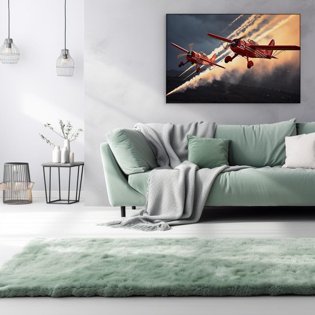 Canvas for Living room. Daring Skies: A Ballet of Red and White Stunt Planes Against a Stormy Backdrop, 27 x 18 inch Canvas Wall Art - Wall Art Digital Painting - Modern Home Decor - 27 x18 inch