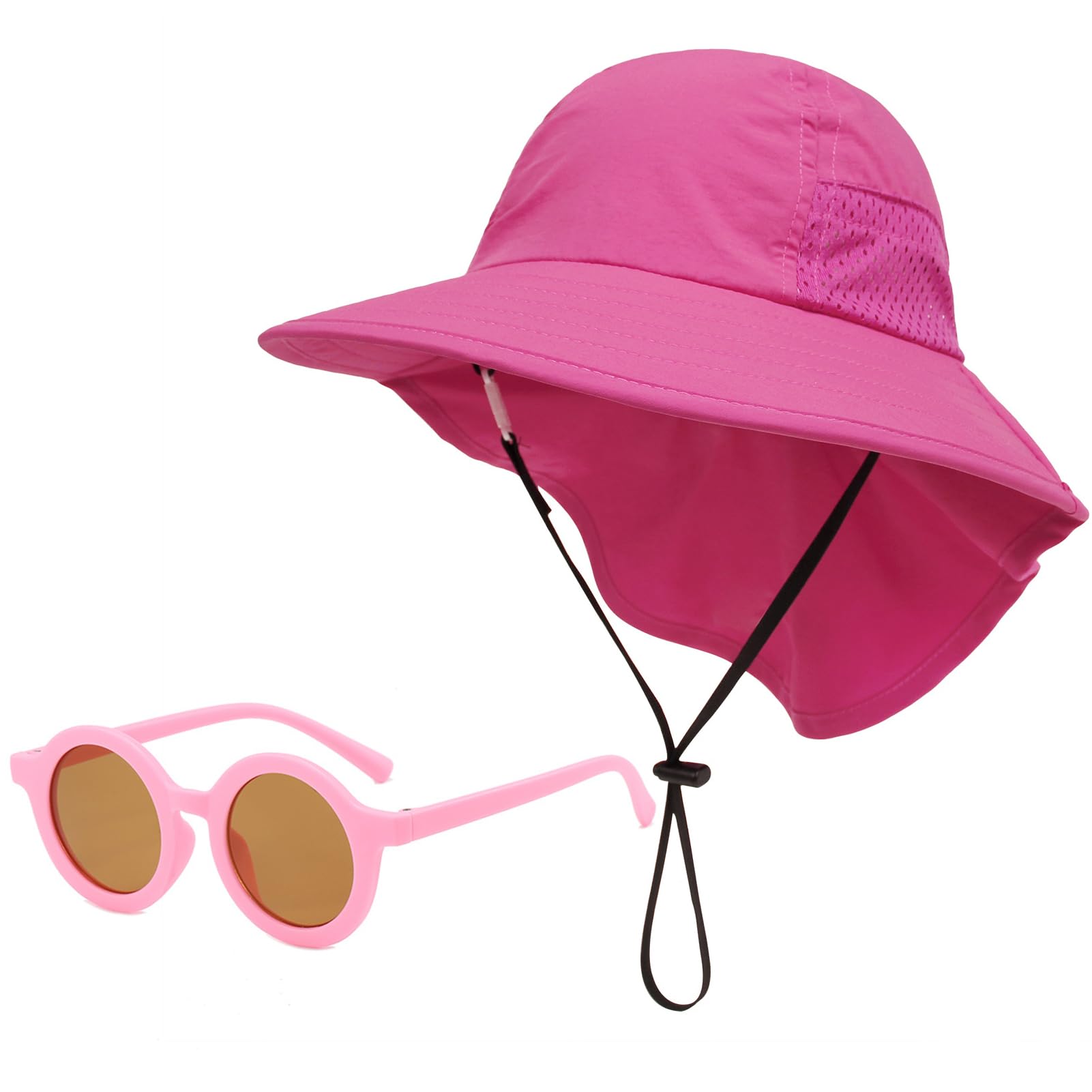 Baby Sun Hat with Sunglasses Boys Girls Wide Brim Neck Flap Beach Hat Summer UPF 50+ Protection Caps for Kids 6M-6T