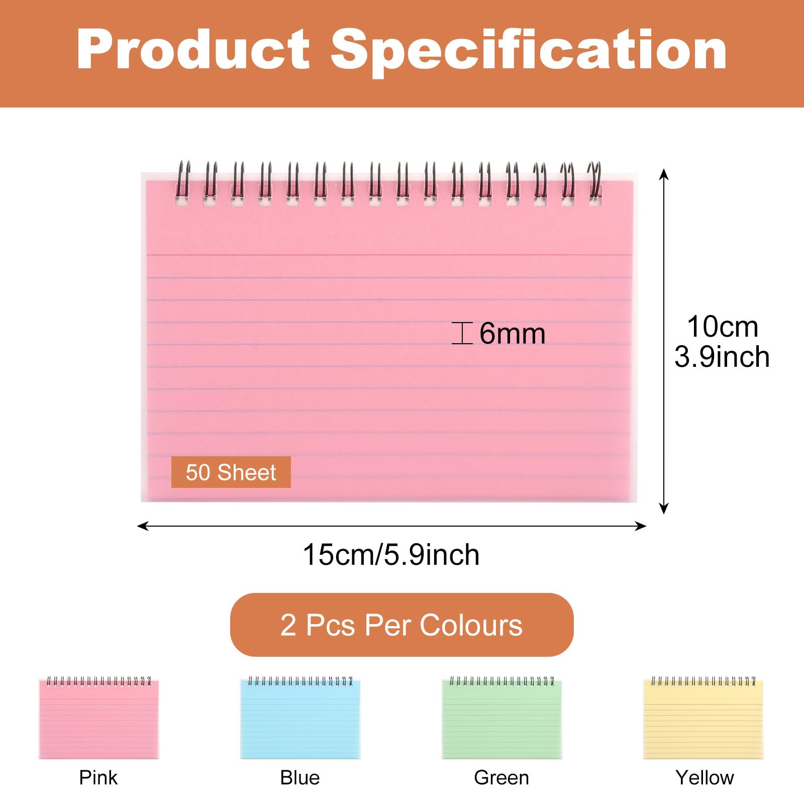 ZOFUN 8 Pcs Flash Cards, 15 x 10 cm Index Cards in Pink, Yellow, Green, Blue - Image 2