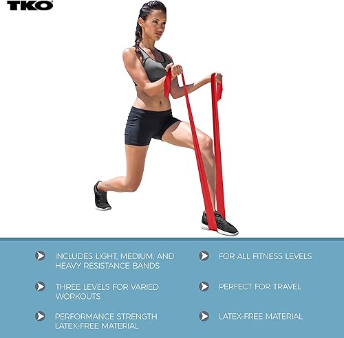 Miniatura 6 de TKO Juego de 3 bandas de resistencia, 3 bandas de ejercicio planas de goma sin látex en niveles de resistencia ligeros, medios y pesados para