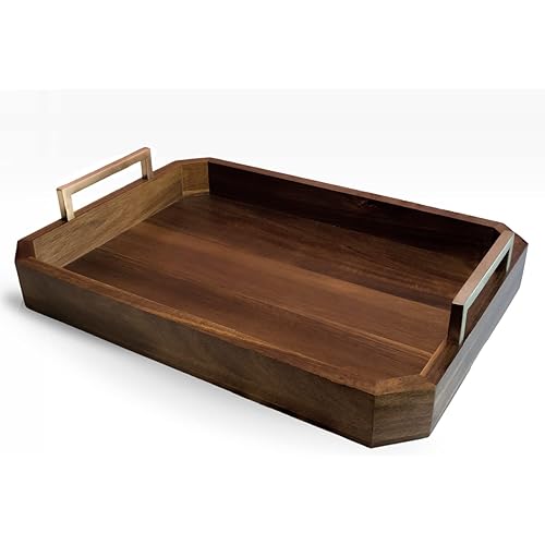 Decorative Acacia Wood Ottoman Tray - Coffee Table Tray - Breakfast, Party, Drinks, Snack, Liquor Serving Platter - Farmhouse to Modern - Brass Handles (Varnish)