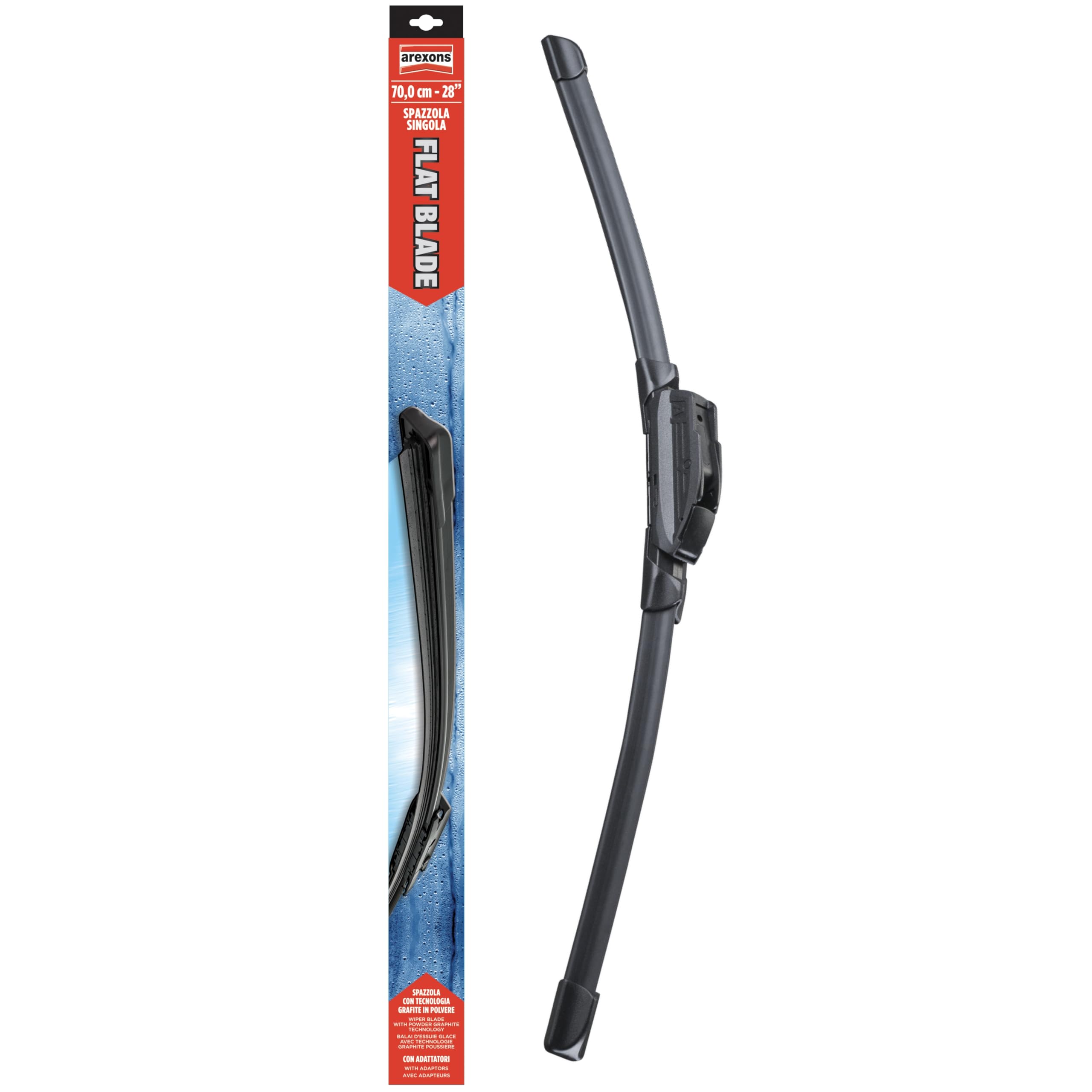 AREXONS - Spazzola Flat Blade 70cm con Kit Adattatori per Tergicristalli Tradizionali e Nuova Generazione, Design Aerodinamico, Gomma Grafitata, Struttura Plastica Alta Resistenza