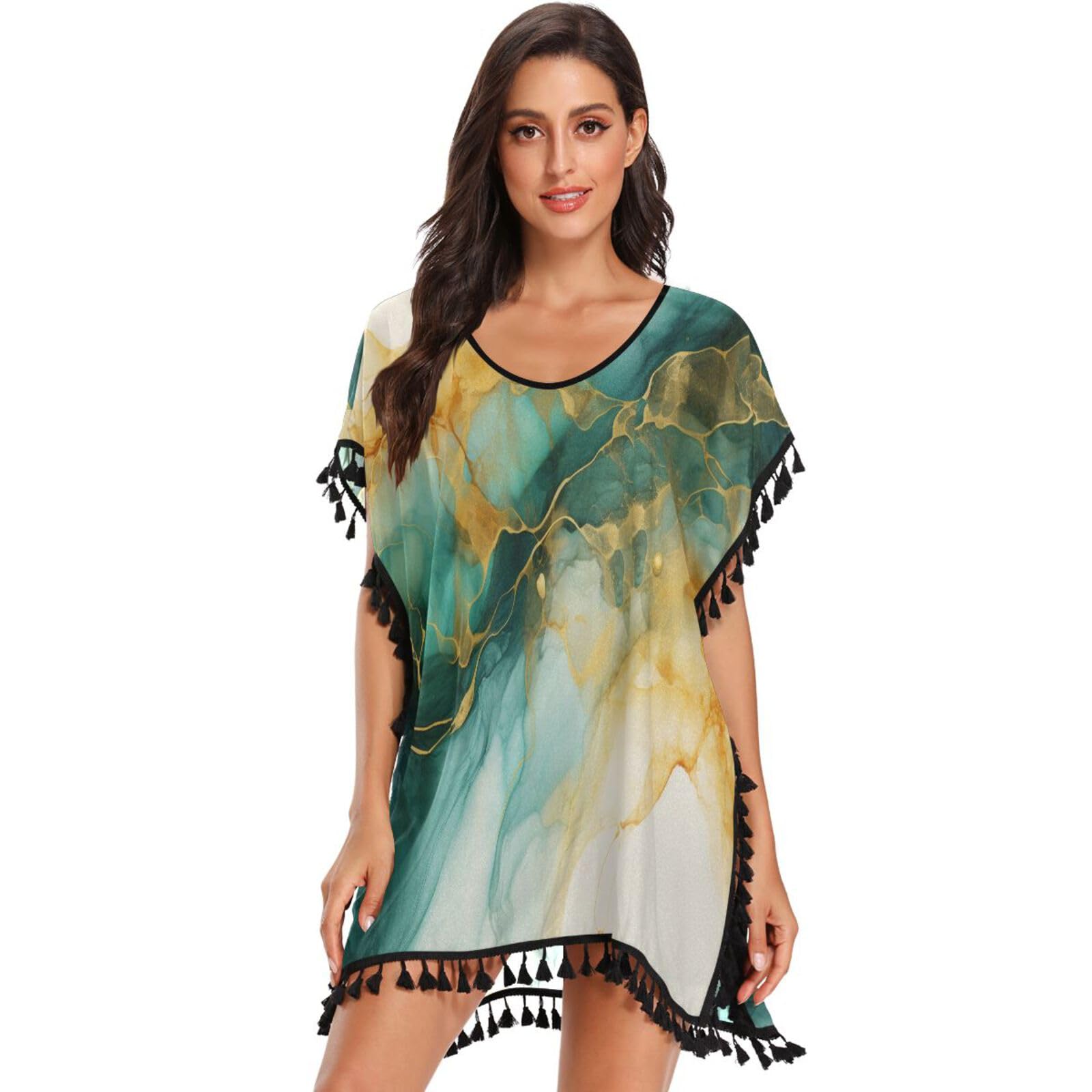 Abstract Watercolor Marble Art Women's Beach Cover Up Chiffon Tassel Swimwear Swimsuit Coverups for Girl