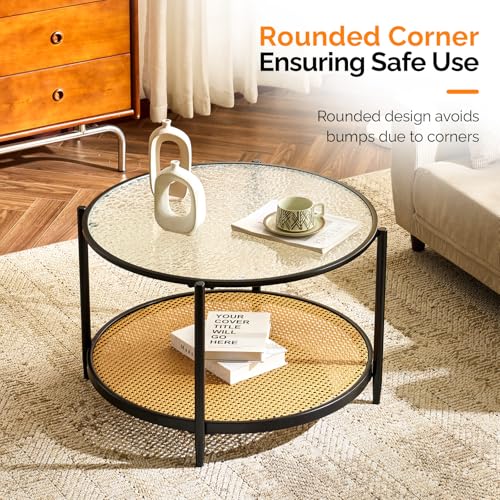 Image of VINGLI 30 inch Round Coffee Table with Rattan Shelf, Glass Coffee Tables for Home Decor, Modern Coffe Table with 2-Tier Storage, Circle Center Table for Living Room, Office, Small Space, Black