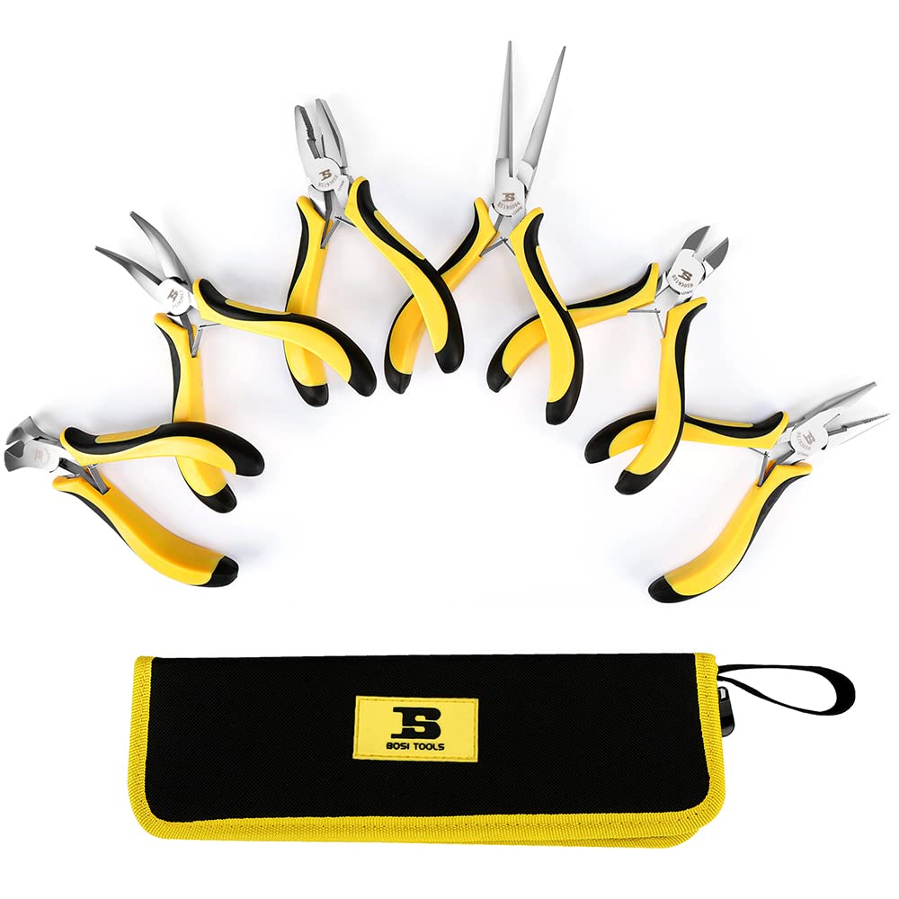 B BOSI TOOLS 6-piece Mini Pliers Set, Making Tools Kit Includs Needle Nose Pliers, Diagonal Pliers, Long Nose Pliers, Bent Long Nose Pliers, End Cutters and Linesman's Pliers, with Storage Pouch