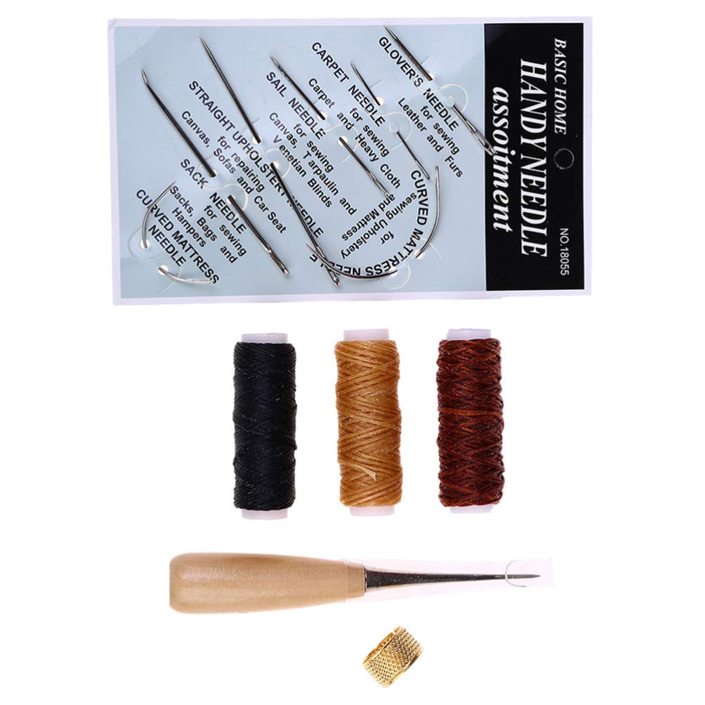 HEALLILY 12 Pcs/Set Leather Craft Sewing Kit with Copper Thimble Wax Threads Awl Needles Leather Working Tools for Leather Craft DIY Supplies 1
