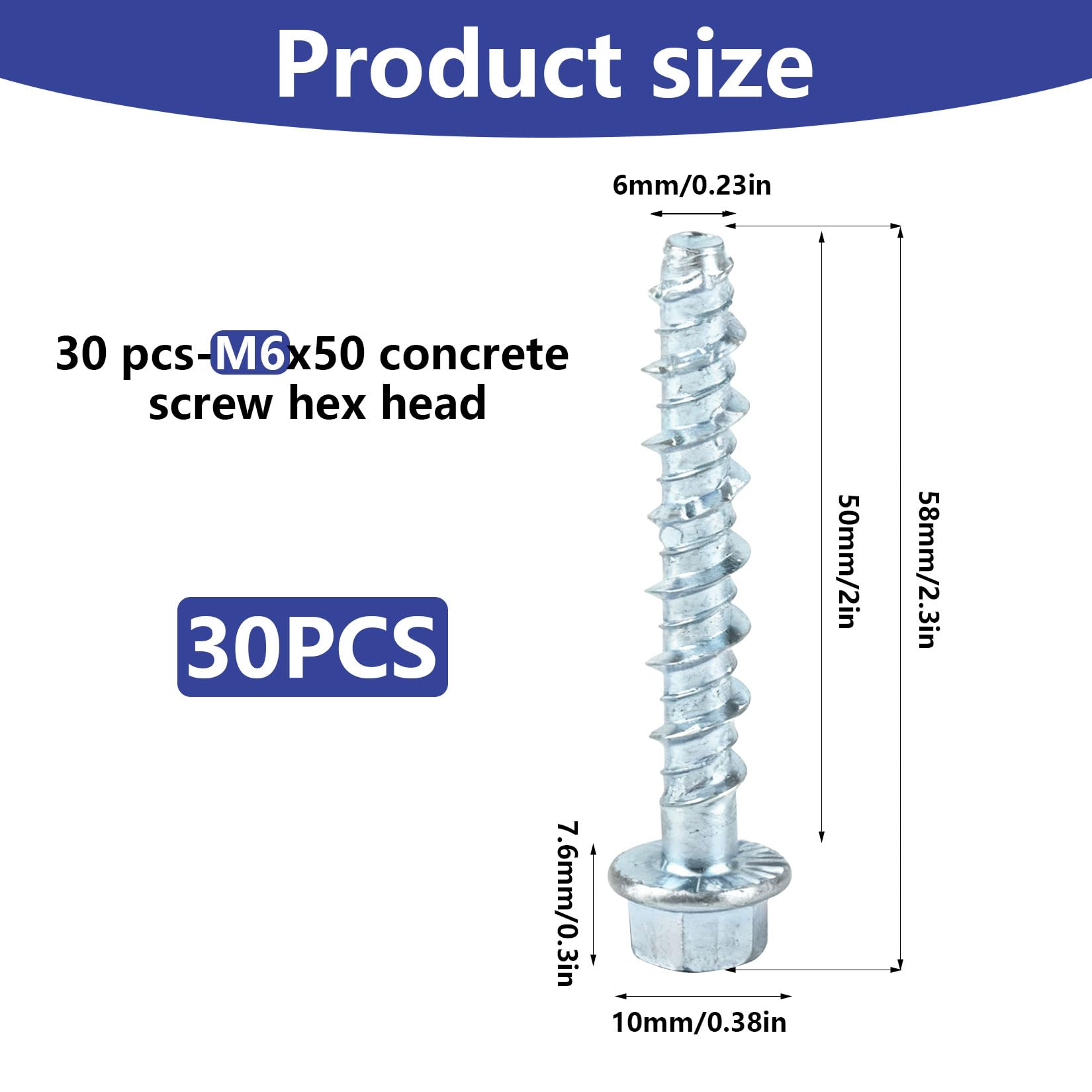 Confezione da 30 viti per cemento M6 x 50 mm, set di viti per cemento a testa esagonale, viti per cemento senza tasselli, zincate con rondella, tassello per muratura industriale architettura in