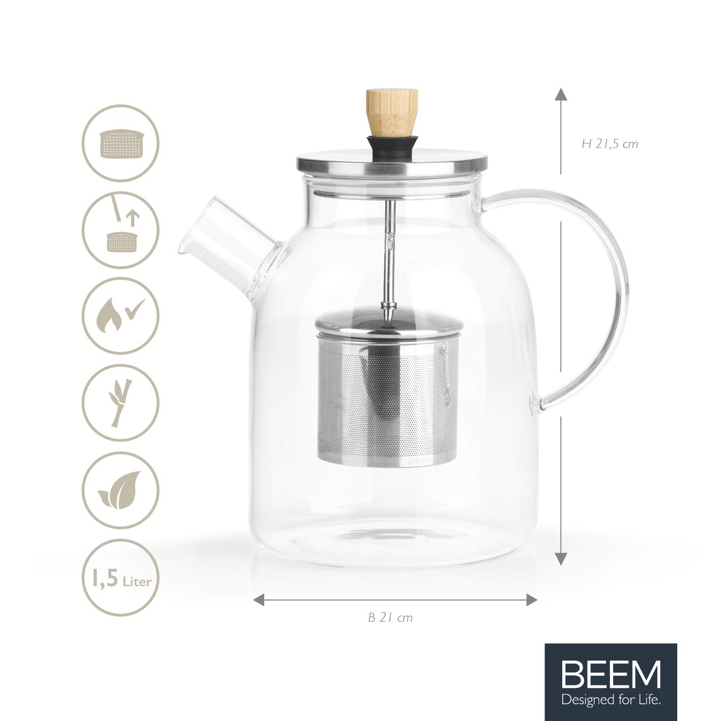 BEEM Dzbanek do herbaty szklany z sitkiem – 1,5 l | dzbanek do herbaty szklany | sitko ze stali nierdzewnej z funkcją podnoszenia | szkło odporne na wysokie temperatury | do gorącej herbaty lub