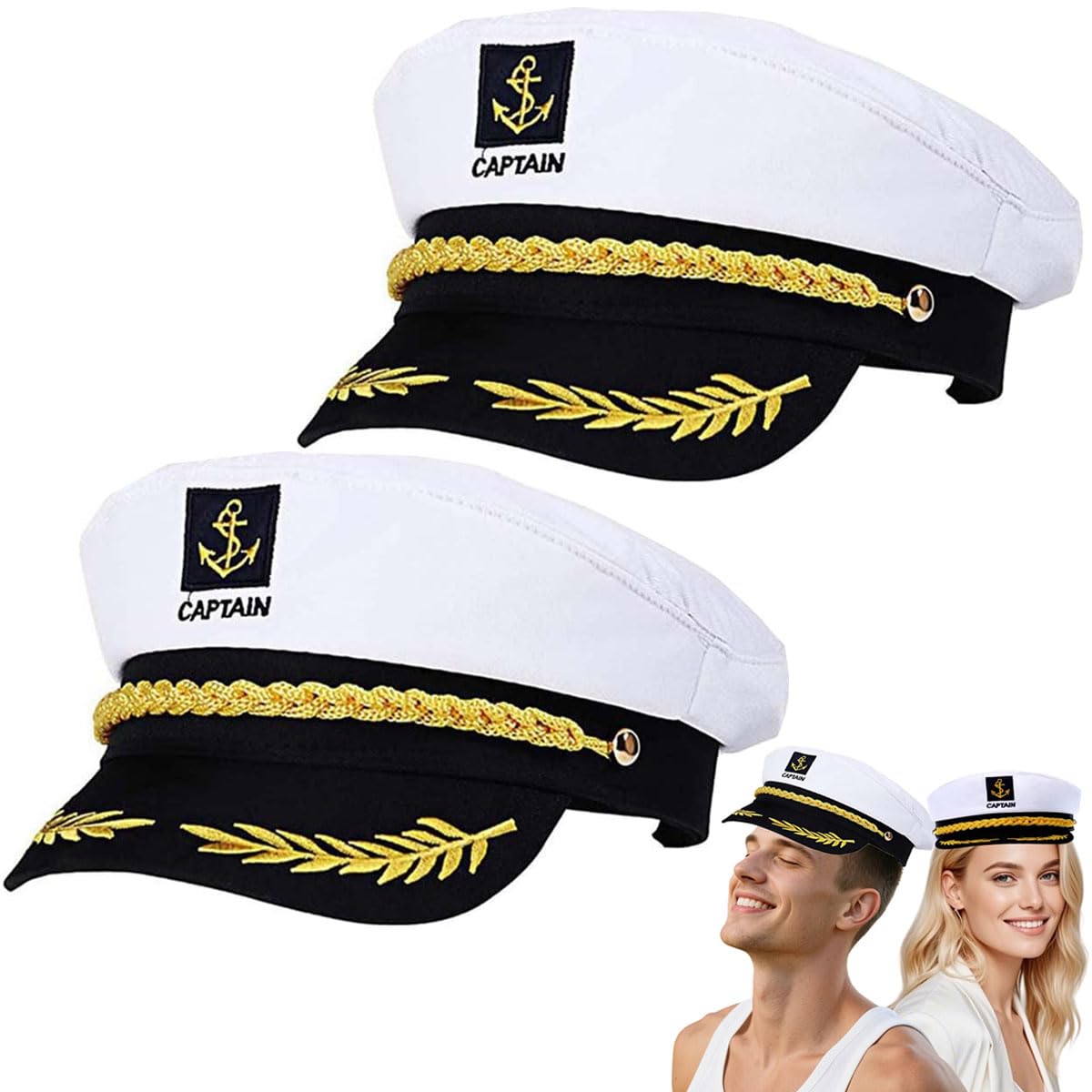 Kecartu Captain Hat, Adjustable Boat Captain Hat for Men Women, White Sailor Hat, Boat Yacht Accessories for Halloween Cosplay, Yacht Party, 2pcs — image 1