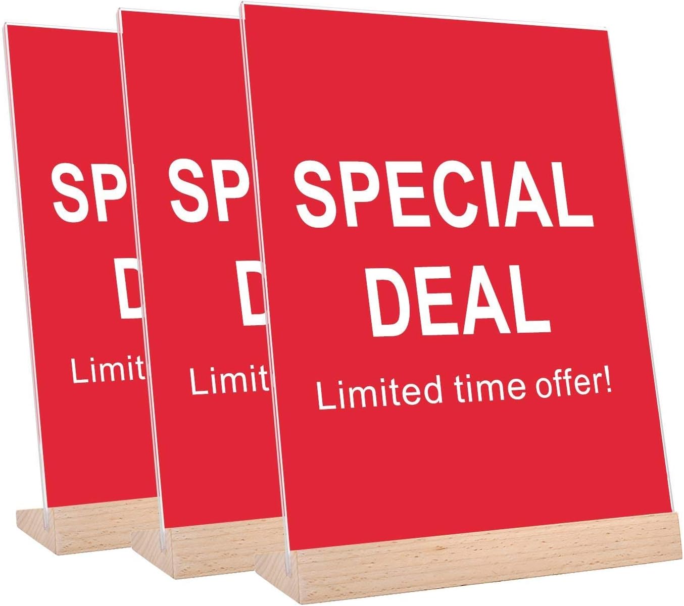 8.5 x 11 Inch Premium Clear Acrylic Slanted Sign Holder, Weighted Beech Wood Bottom Table Menu AD Sign Holder Stand, 3 Pack