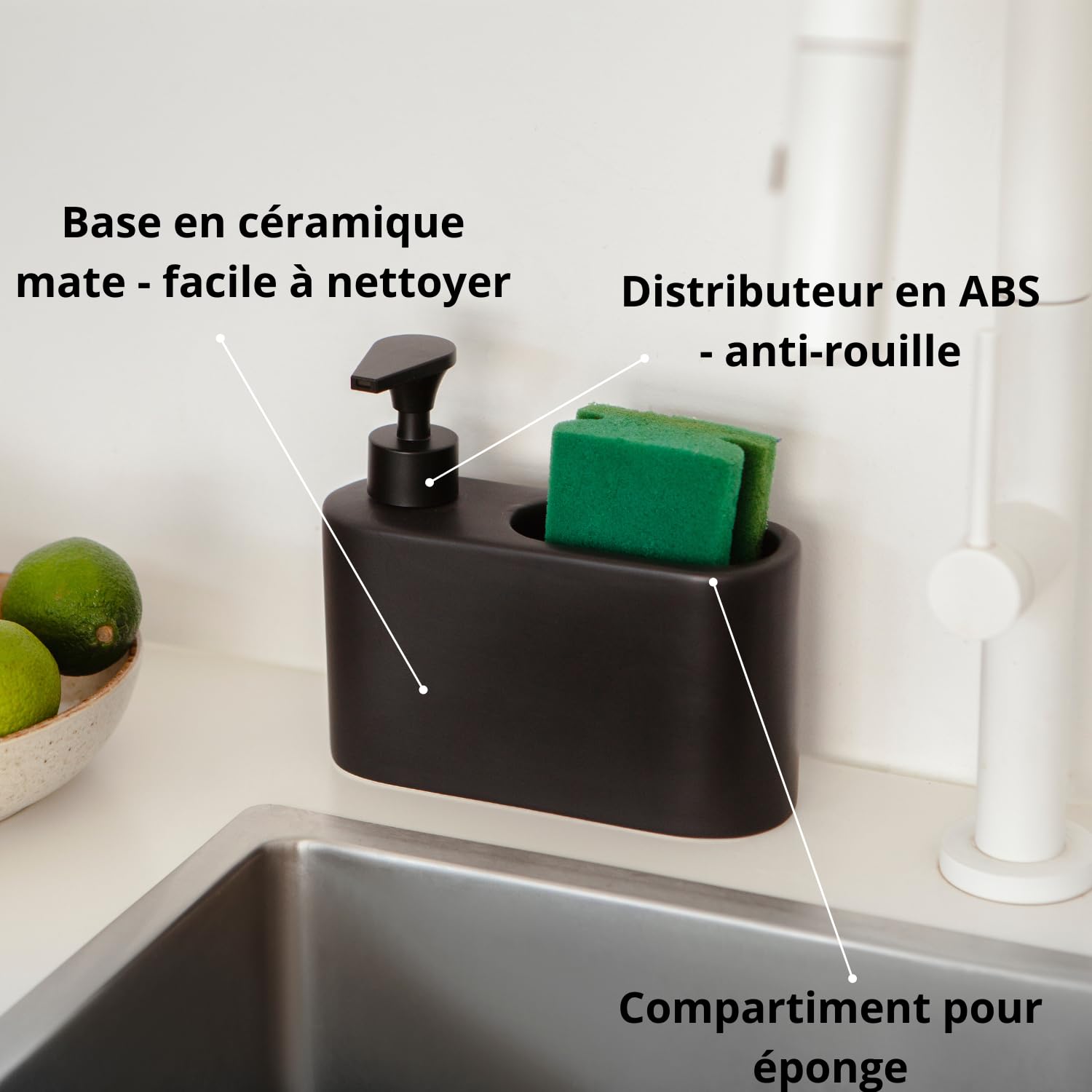 Distributeur Liquide Vaisselle Porte Eponge pour Cuisine | Distributeur Savon Liquide pour Les Mains avec Espace | Matériel: céramique | Couleur: Noir