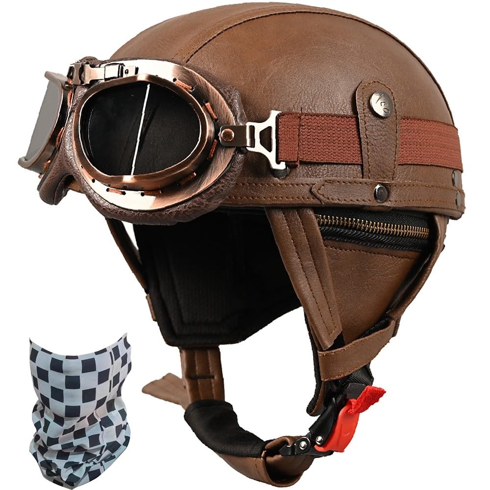 WZGGTEAM German Style Leather Motorcycle Half Helmet, DOT/ECE Approved Retro Open Face Helmet with Goggles Street Motorcycle Half Shell Cap Moped Helmet for Chopper Cruiser Scooter