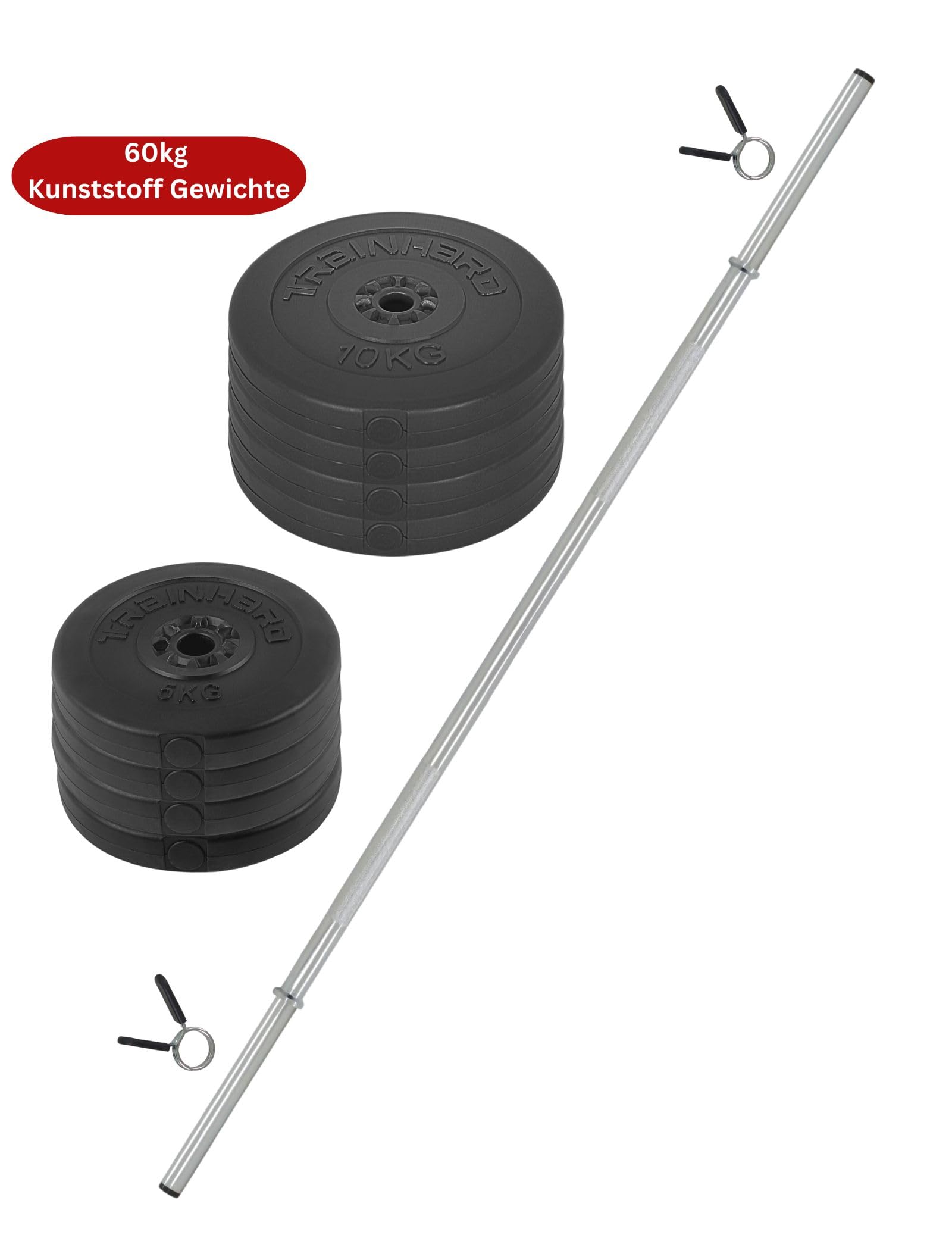 TrainHard Zestaw długich hantli 1,6 m z obciążnikami 60 kg (4 x 5 kg, 4 x 10 kg) i zapięciami