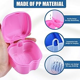 KISEER 2 Pack Colors Denture Bath Case Cup Box Holder Storage Soak Container with Strainer Basket for Travel Cleaning (Blue and Pink)