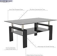 Vista 3 de Mesas de café de 2 capas completamente negras de vidrio para sala de estar, mesa de sofá rectangular, mesa de café contemporánea, con patas de metal