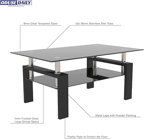 Miniatura 9 de ODUSE-DAILY Juego de 2 mesas auxiliares de cristal negro, mesa de cristal pequeña, mesa auxiliar negra, juego de 2 mesitas de noche de vidrio