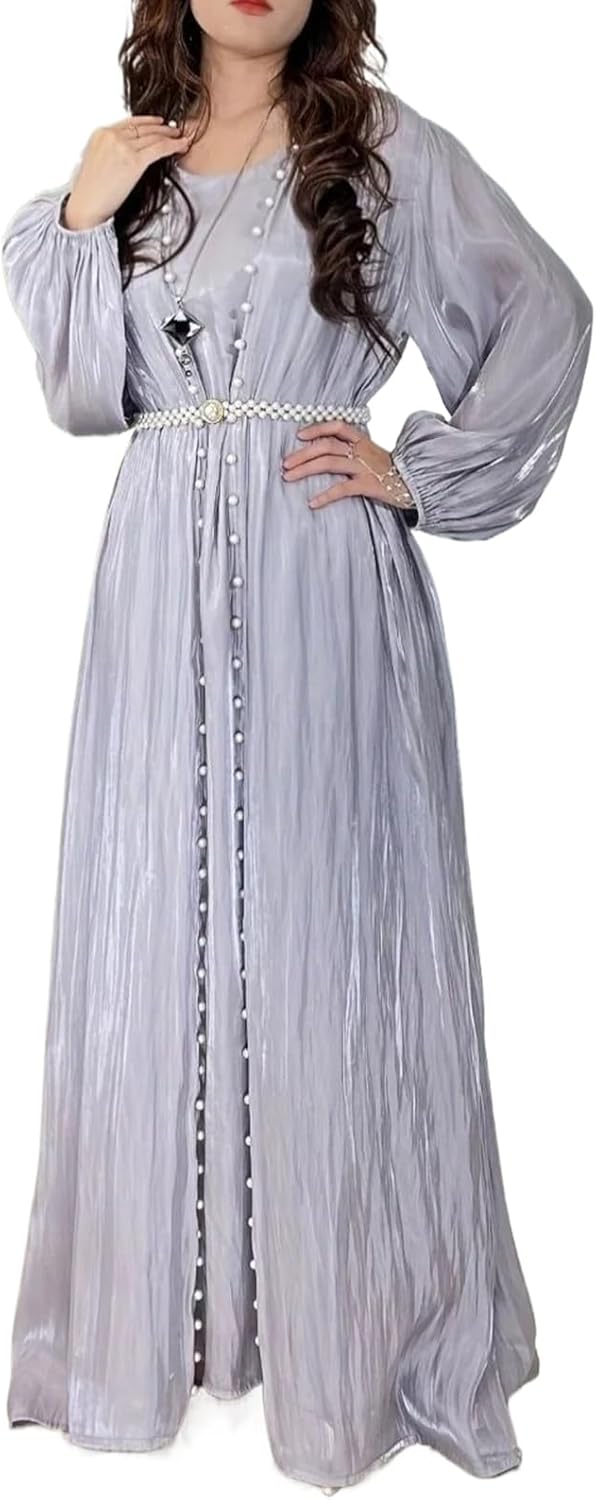 Women Eid Muslim Abaya 3 Piece Set with Scarf Lantern Sleeve Party Dress Pearls Belt Long Robe Kaftan Vestidos