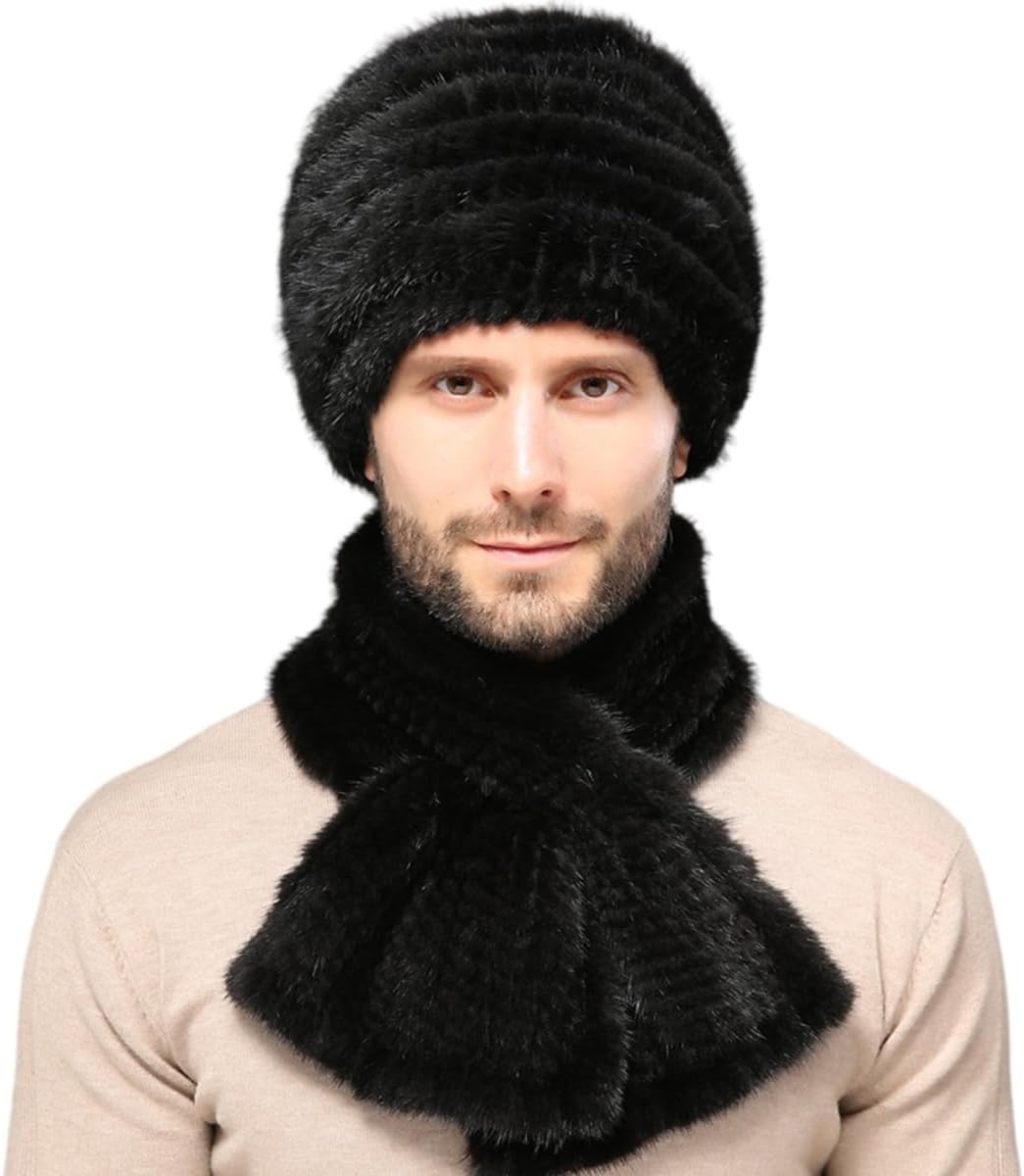 2PCs Men Hat Plus Scarf Real Mink Hair Knitted Skullies Beanies Cap Neck Warmer Wrap Skiing Fall Winter