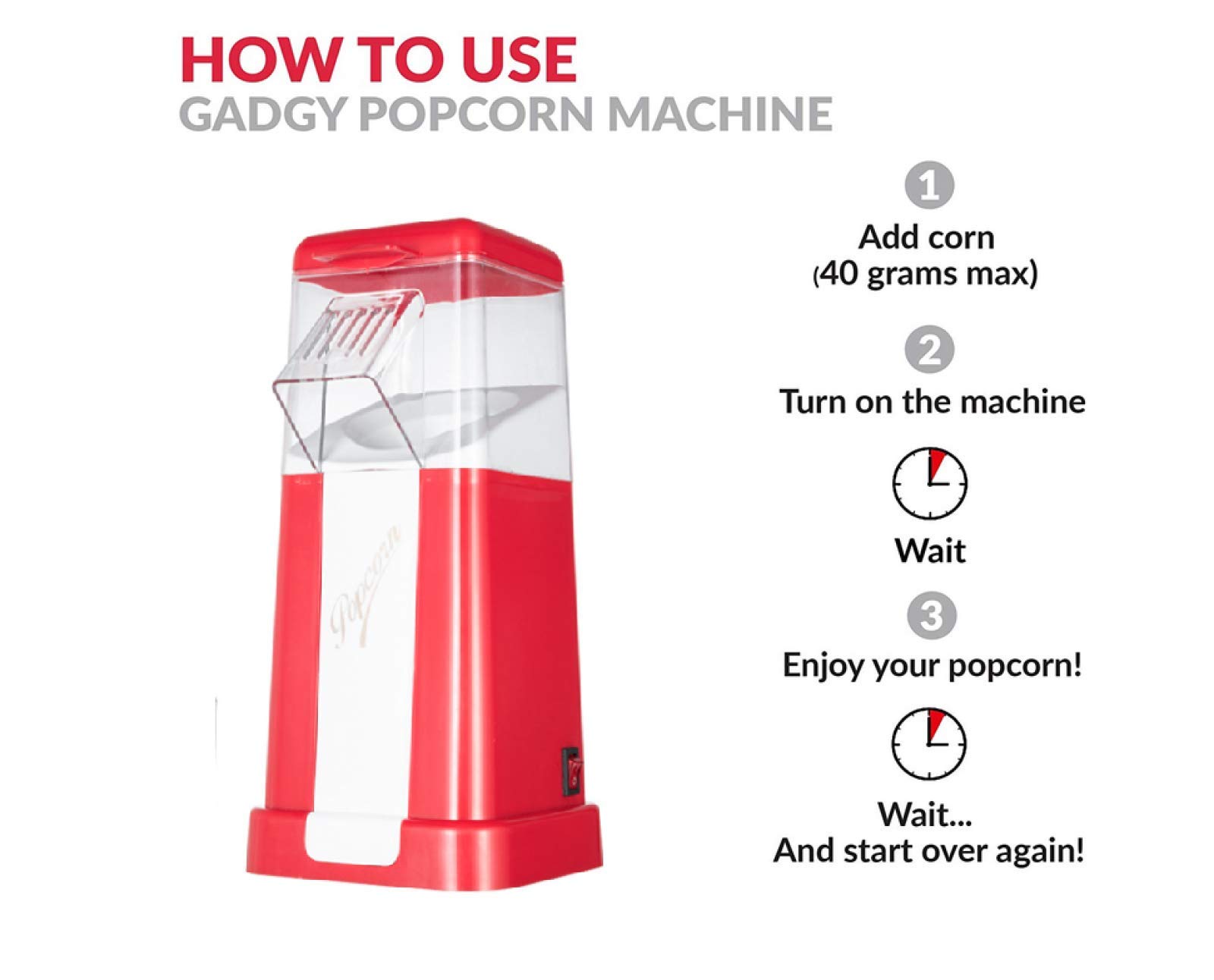 Macchina per Popcorn, 1200W Popcorn Popper Compatta ad Aria Calda Senza Olio e Grassi, Macchina Pop Corn con Design a Bocca Larga, Include Misurino e Coperchio Rimovibile,Red