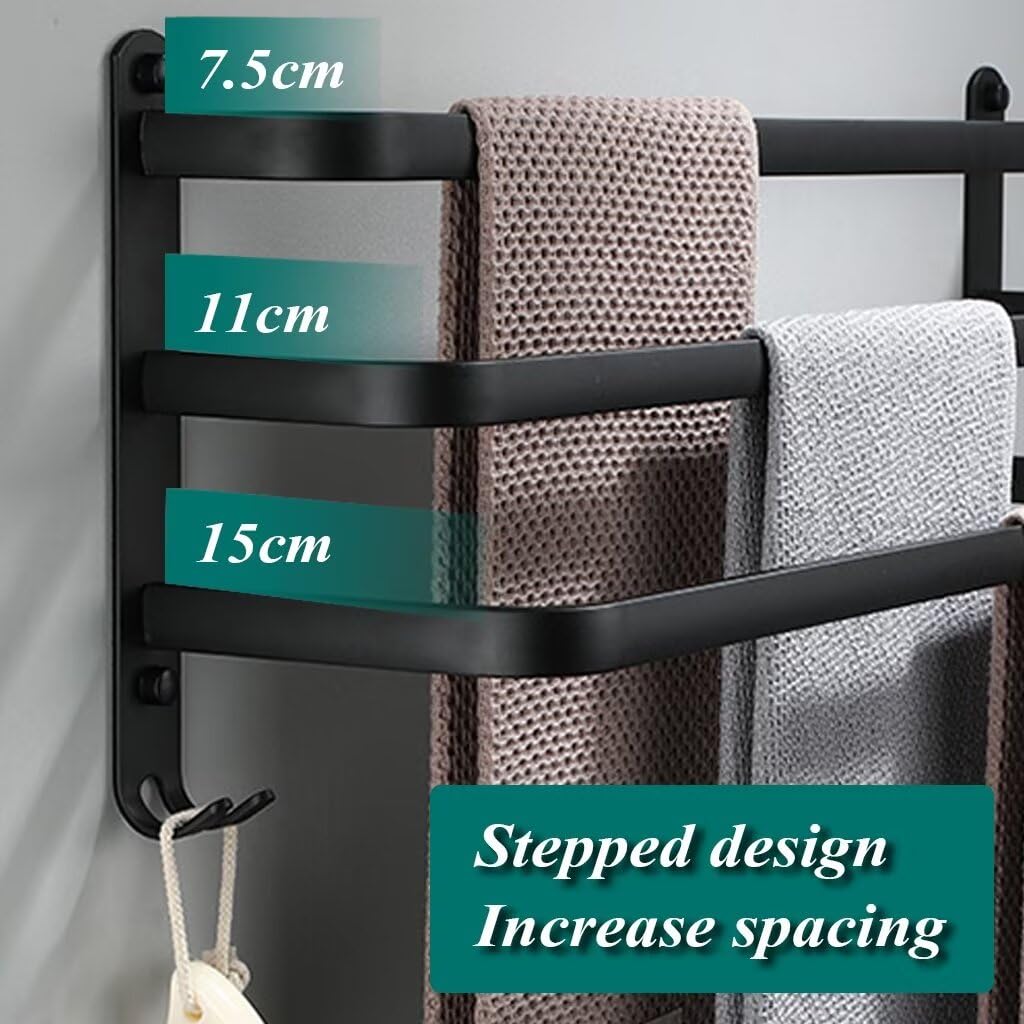 Porte Serviette Salle de Bain sans Percage Porte-Serviettes Murale Noir avec 2 Crochets Barre Serviette en Aluminium Cuisine Noir 3 Couches 60cm
