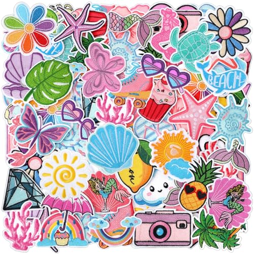Lyrow 72 Pcs Summer Iron on Patches Hawaii Beach Embroidered Patches Cute Sea Animal Sew on Applique Decorative for Trucker Hat Backpacks Clothes 36 Styles