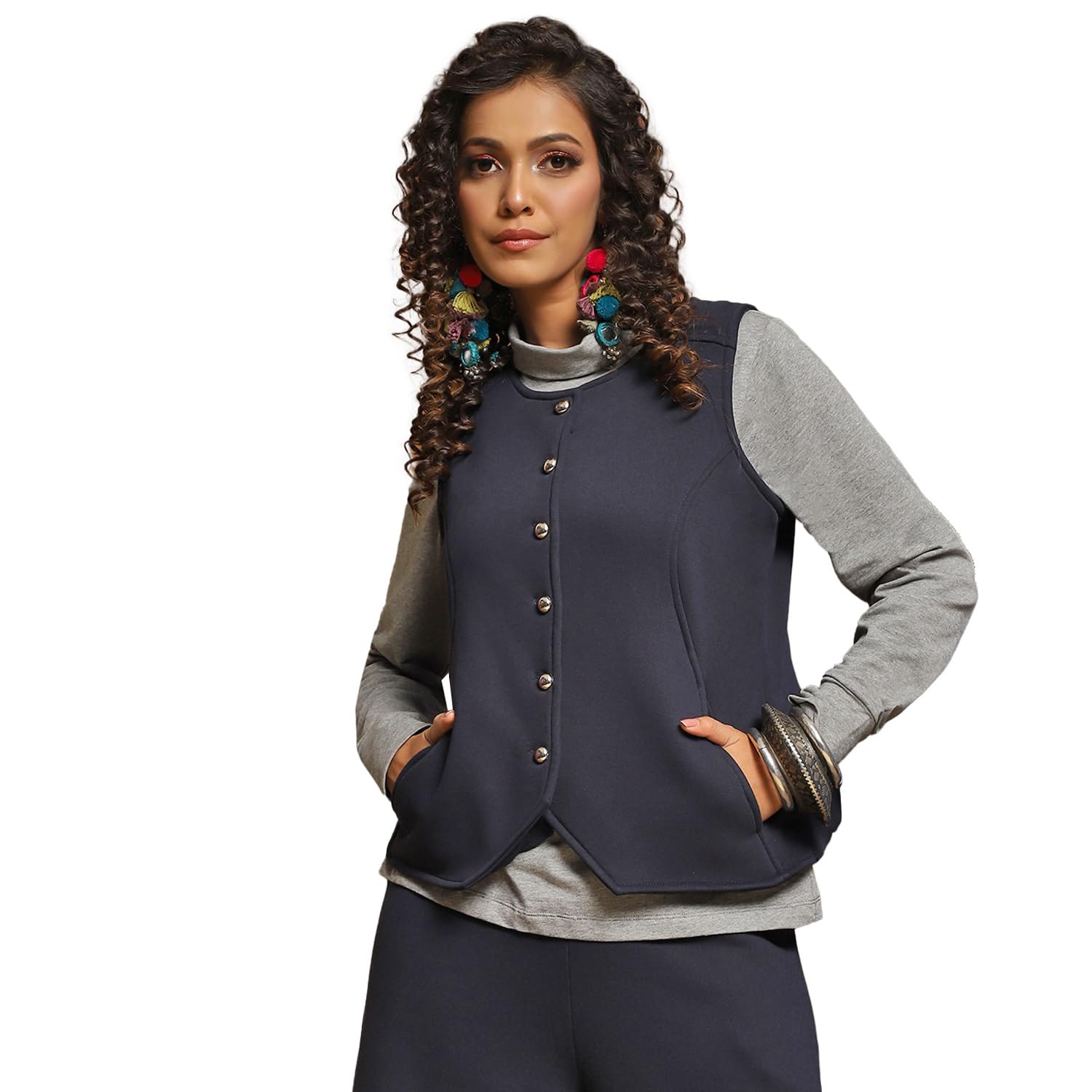 baawri Women's Sea Blue Stylish Soft Fleece Waistcoat with Silver Metal Buttons-picture-15