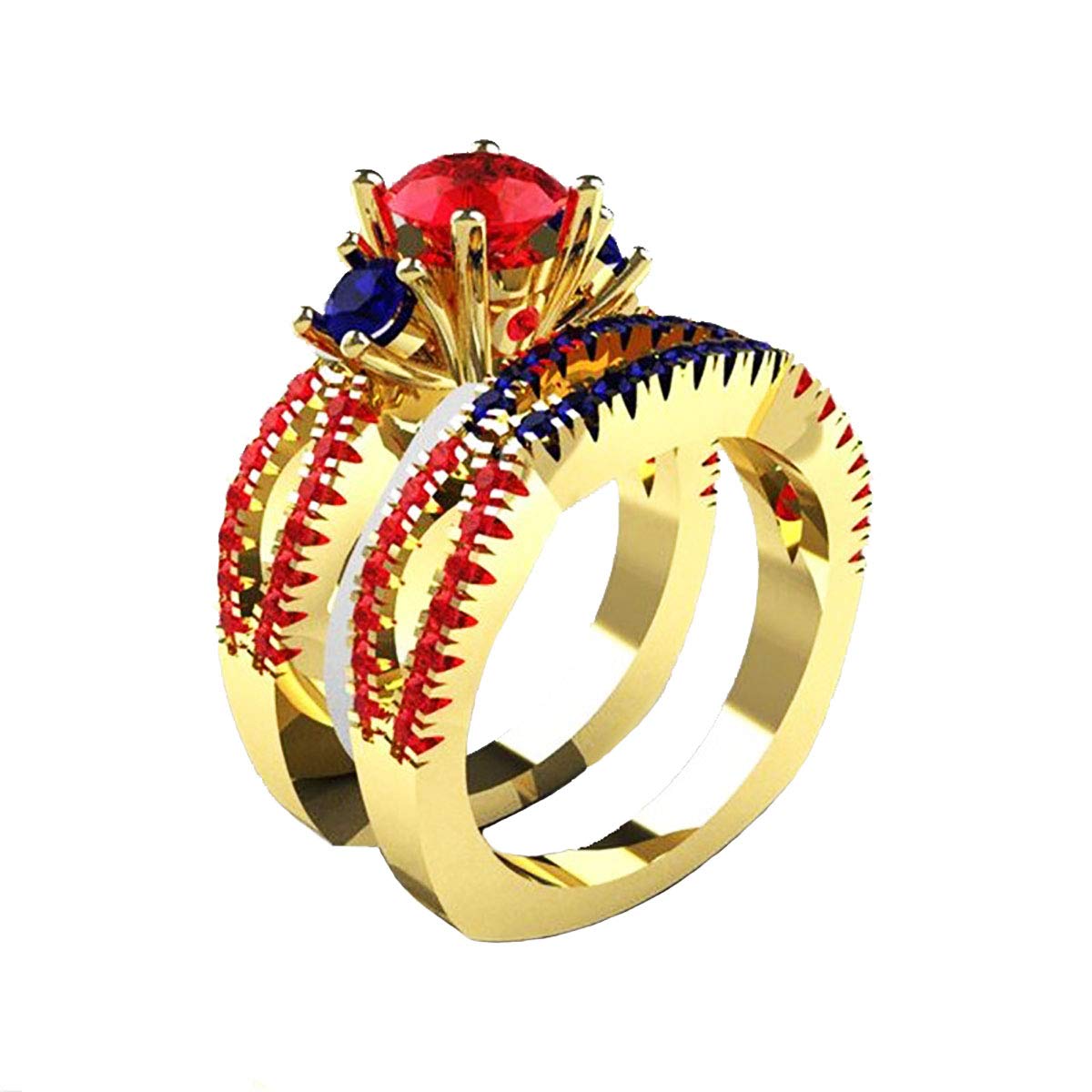 RUVEE Royal Rajputana Red Rubies & Blue American Diamond Blue Zircons Gold Plated Dual Designer Alloy Ring for Women & Girls