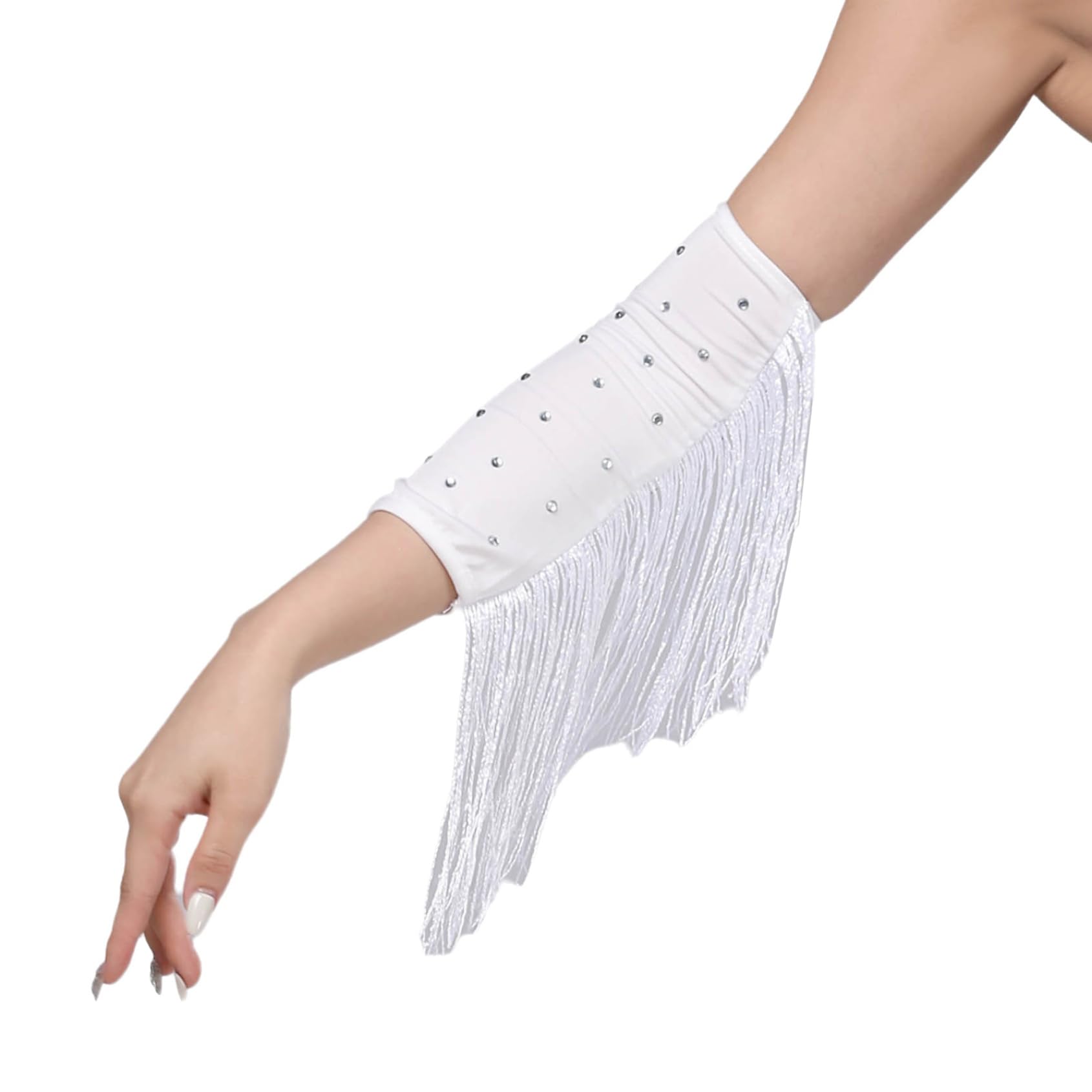 Rswnyirn Long Fingerless Satin Gloves Rhinestones Tassel 1920s Opera Gloves Arm Sleeves For Women White One Size