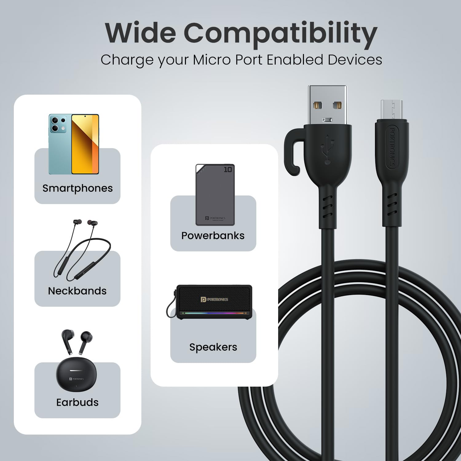 Portronics Konnect Core 3 USB-A to Micro Fast Charging Cable for Smartphones,Tablets, Speakers, Laptops & Other Micro USB Devices,Inbuilt Cable Management Hook,3.0A Max Output,Fast Data Sync(Black) — Amazon image 7