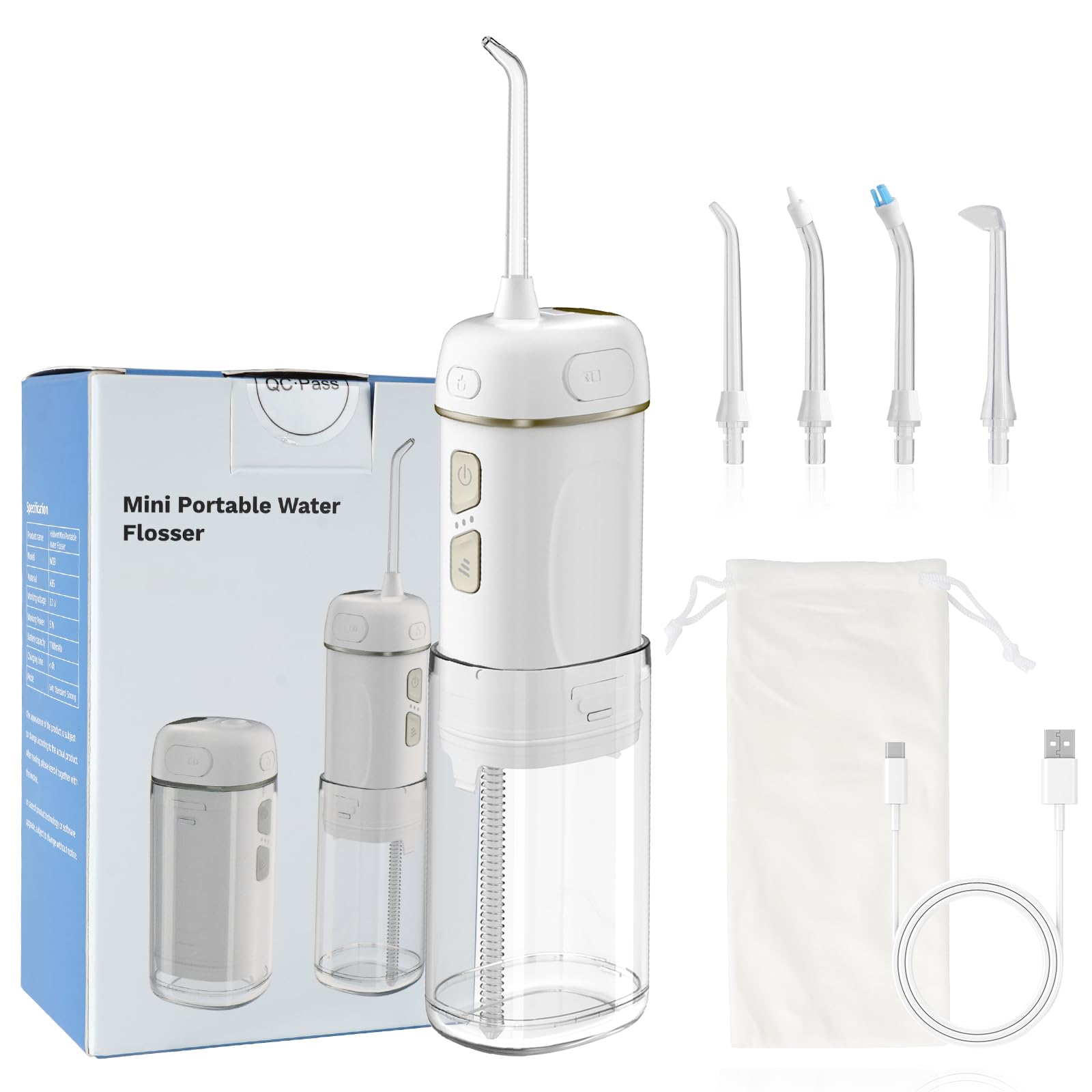 Hibbent Irrigador bucal portátil inalámbrico, mini irrigador oral con 3 modos y 4 puntas de chorro, IPX7, impermeable, recargable, para viajes, para el cuidado de frenos, dientes sensibles, ortodoncia