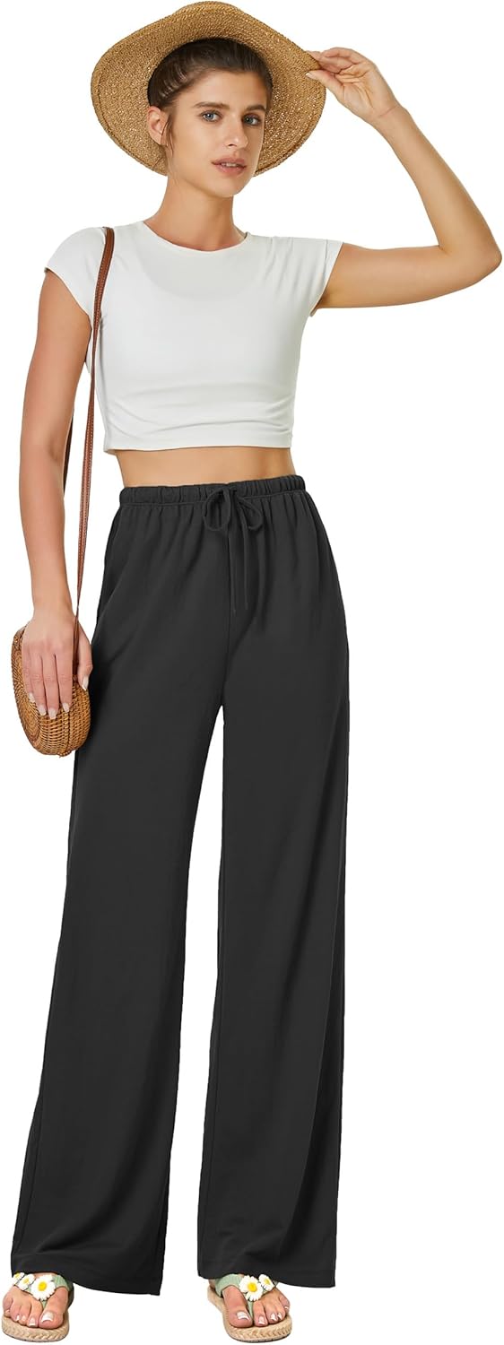 keriffe Women's Flowy Wide Leg Pants Casual Beach Pants High Waisted Drawstring Palazzo Trousers with Pockets - Image 4