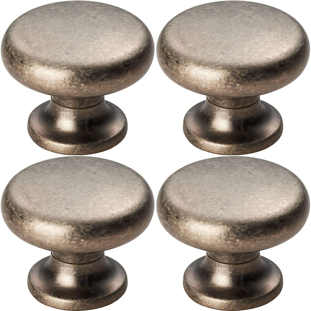 Loops Pewter 4 Pack | Flat Faced Round Door Knob - 34Mm Diameter - Small Cabinet Handle | Small Cupboard Door Knob - Wardrobe Cabinet Pull Handle - Suitable For Lightweight Internal Doors
