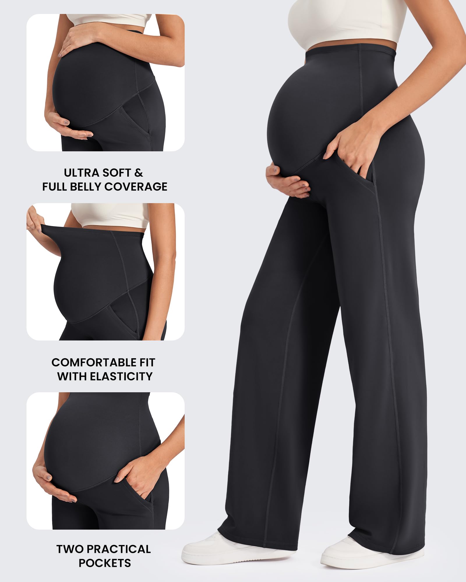 G4Free Pantalon Grossesse Femme Pantalons Maternité au-Dessus du Ventre pour Yoga Travail Pantalon Extensible à Jambes Larges avec Poches