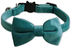 Coleira De Veludo Com Gravata Borboleta Para Gatos E Cães Pequenos, Veludo Macio Confortável, Coleira Pet Ajustável Com Laço E Sininho Guizo, Coleira De Luxo Elegante Estilosa – HEISIL (VERDE AZULADO)