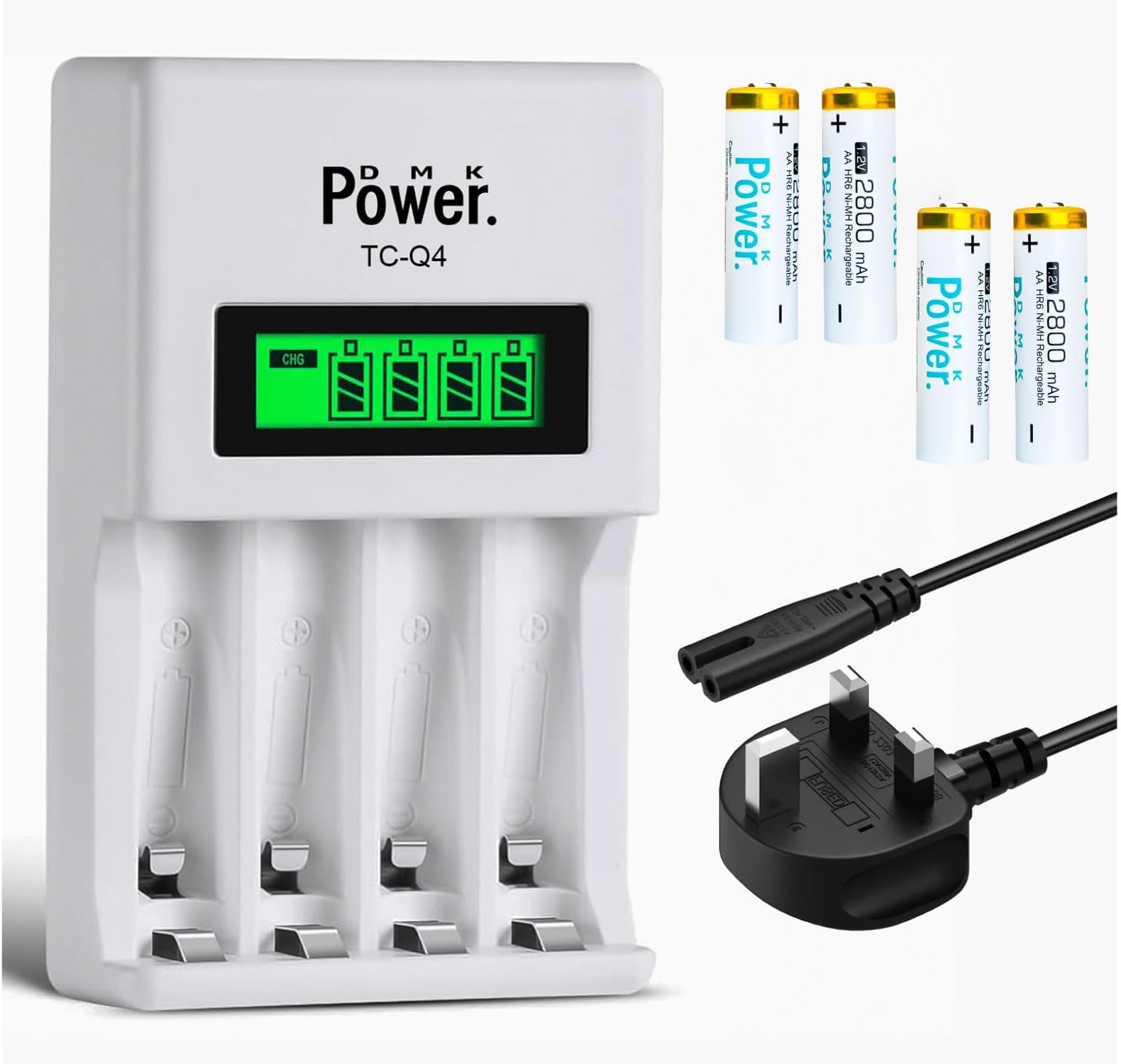 DMK Power 4pcs AA 1.2V 2800mAh High Capacity Rechargeable Batteries and TC-Q4 AAA AA Four Slot Independent Intelligent Quick LCD Charger for Ni-MH/Ni-CD Rechargeable Batteries with 2pin Cable