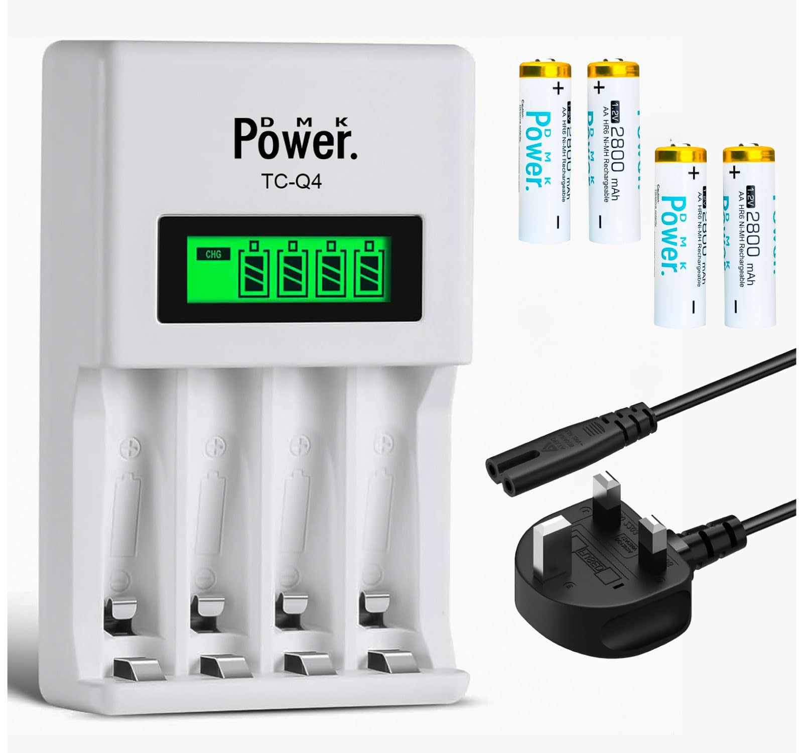 DMK Power 4pcs AA 1.2V 2800mAh High Capacity Rechargeable Batteries and TC-Q4 AAA AA Four Slot Independent Intelligent Quick LCD Charger for Ni-MH/Ni-CD Rechargeable Batteries with 3pin UK Plug Cable