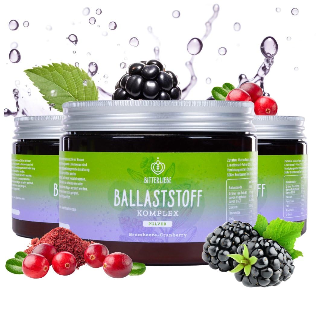 BitterLiebe Ballaststoff Pulver mit Brombeere Geschmack - Mix aus Flohsamenschalen gemahlen, Inulin (Präbiotika), Apfelfaser und Akazienfaser - Multi Ballaststoff Komplex, perfekte Darmkur - 3x300g