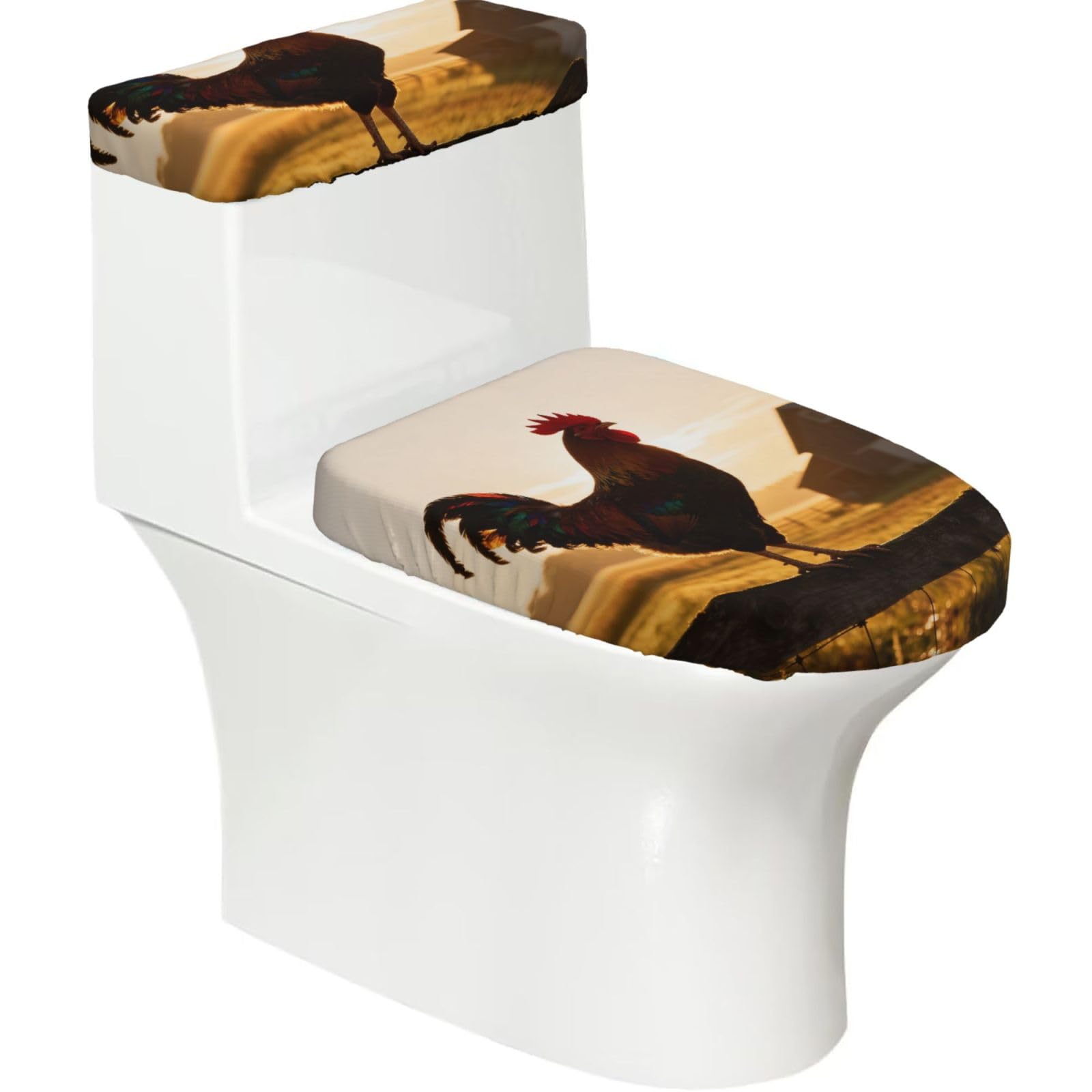 Cntdbu Black Rooster Farm Silhouette Stretchy Toilet Lid And Tank Cover Set-Soft Elastic Bathroom Decor For U Shape Oval