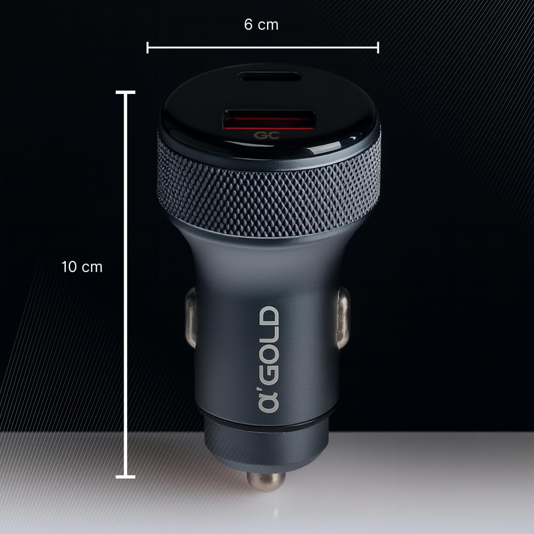 Carregador Veicular Turbo 60w, kit com Cabo Premium, Carregamento Ultrarrápido entrada USB 3.0+Tipo C com LED, Portas Inteligentes, Compatível com Android, iPhone e Tablets