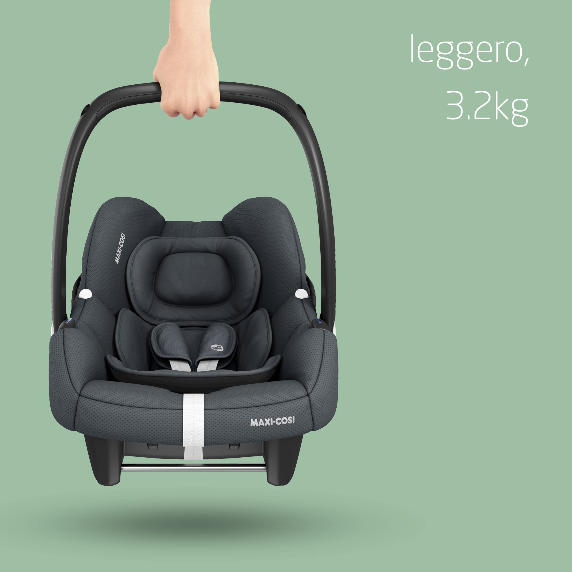Maxi-Cosi CabrioFix i-Size, Seggiolino auto neonato, 0-12 mesi, 0-12 kg, Seggiolino auto Isofix leggero (3,2 kg), Capottina ampia, Seduta ultra imbottita, Riduttore Neonato, Essential Graphite