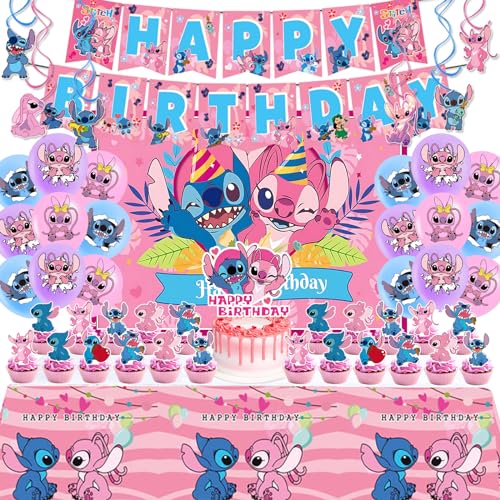 Stitch Party Supplies Birthday Party Decorations Set Include Banner Backdrop Balloons Hanging Swirls Cake Cupcake Toppers Tablecloth for Girls Angel Party Decorations