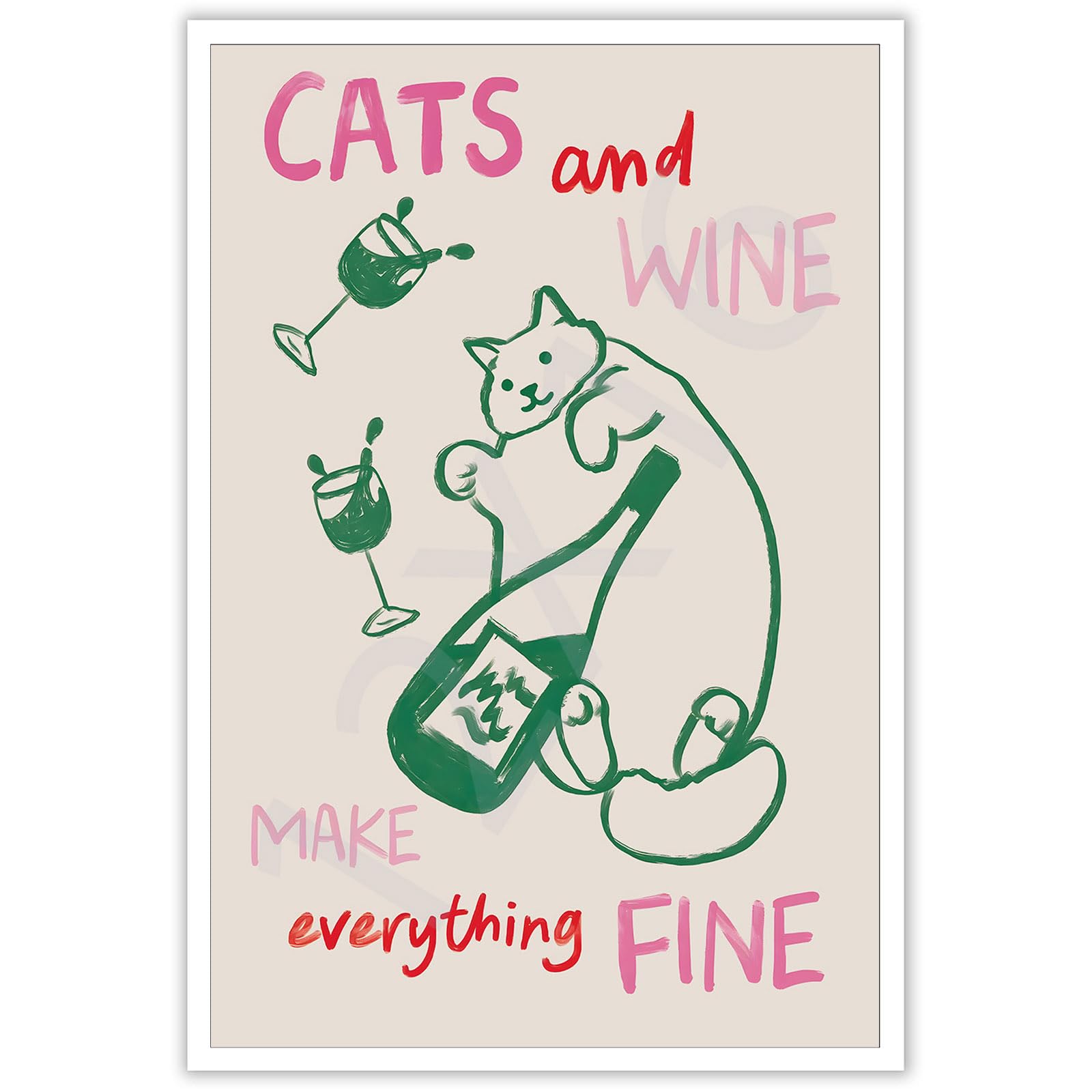 Funny Animal Canvas Wall Art Cats And Wine Make Everything Fine Poster Vintage Preppy Liquor And Cat Lover
