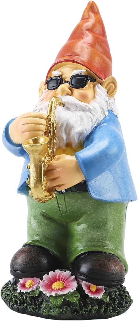 9.5" Garden Gnome Statue with Saxophone, Funny Resin Gnome Figurine with Sunglasses, Perfect for Porch, Balcony, Garden Decor, Gnome Statue for Dad, Husband, Men, Father’s Day, Birthday Gift