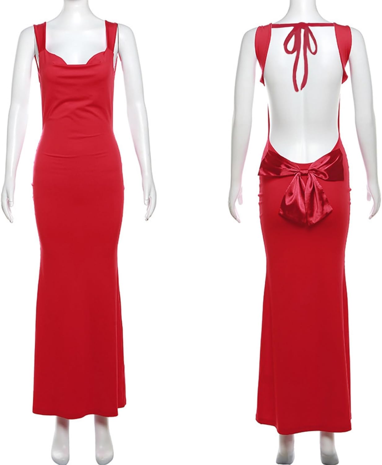 RARITYUS Women’s Elegant Satin Bow Maxi Dress Sexy Cowl Neck Backless Wedding Guest Dress Cocktail Party Evening Gown