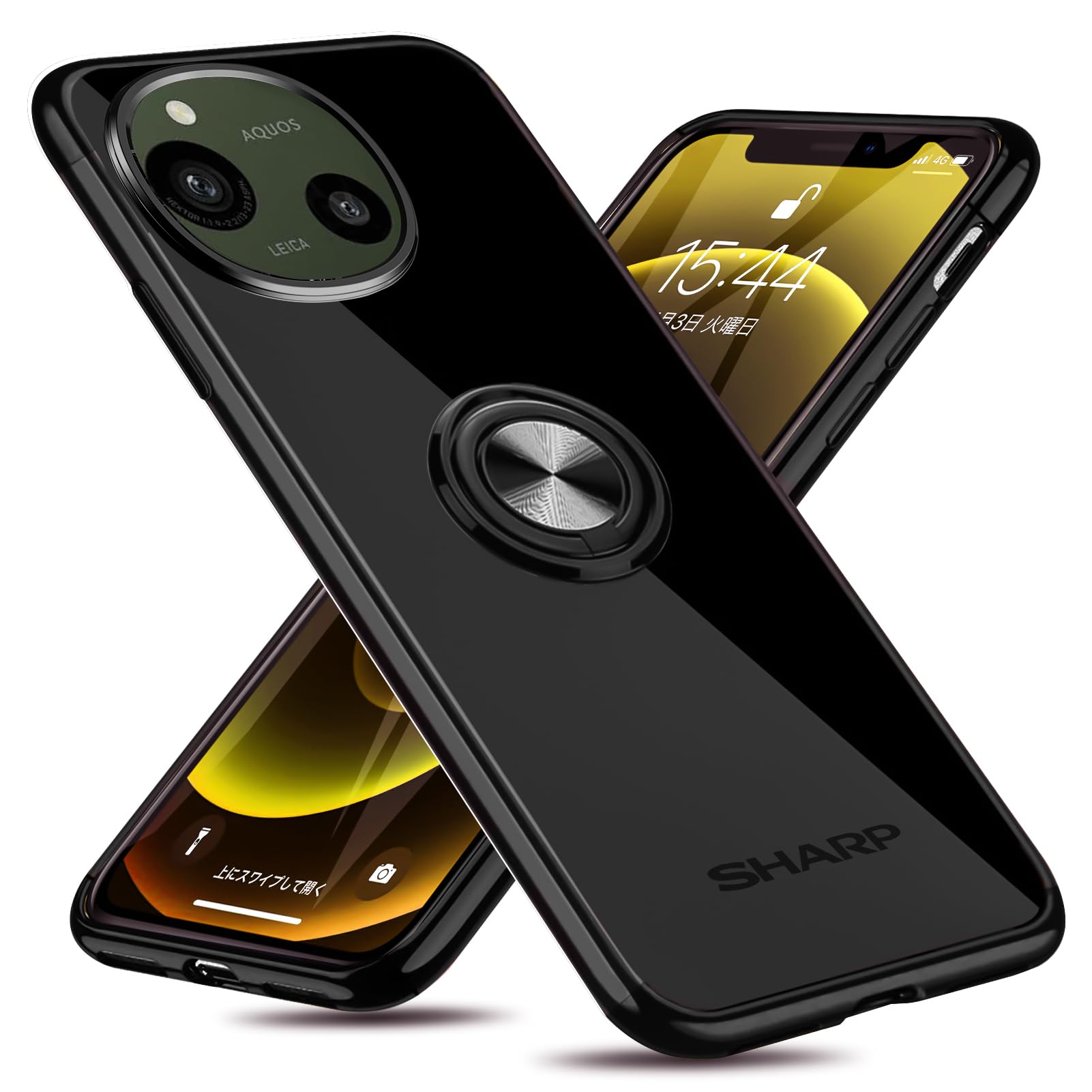 QOUNVYW 向け AQUOS Sense9 用のケース リング付き クリア 耐衝撃 スタンド機能 透明 TPU ブラック