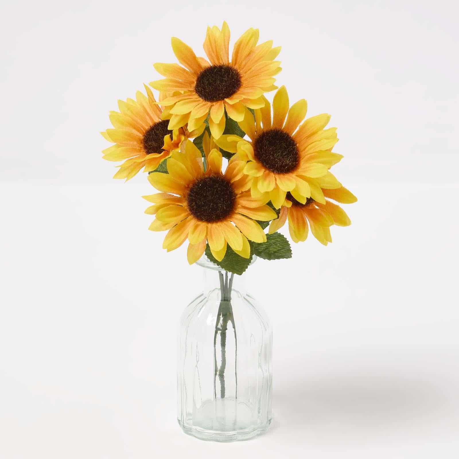 Homescapes Yellow, Black, Green Artificial Sunflower Bush Set Of 5 Realistic Sunflowers For Bouquets, Flower Arrangements And Home Decor 30Cm Tall Yellow Stems