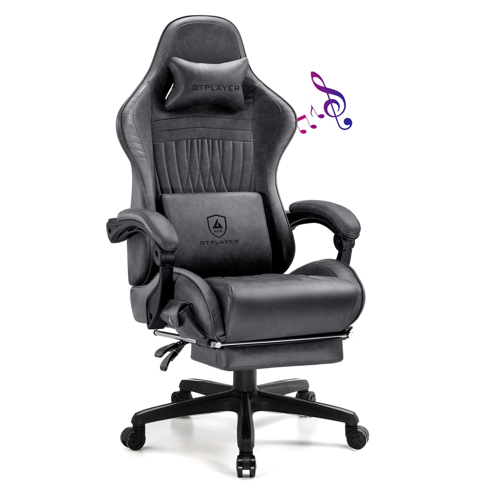 Gaming Chair with Speakers, Video Game Chairs with Footrest, PC Gamer Chairs for Adults - Padded High Back Ergonomic Reclining Silla Gamer, Linkage Armrest, Ace Pro, Grey