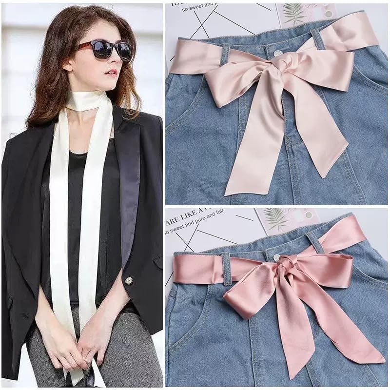 Langer, seidiger Satin-Schal für Damen, 2 m dünnes Band für Haar, Hals und Handtasche, eleganter Schärpengürtel für Kleider (weiß)